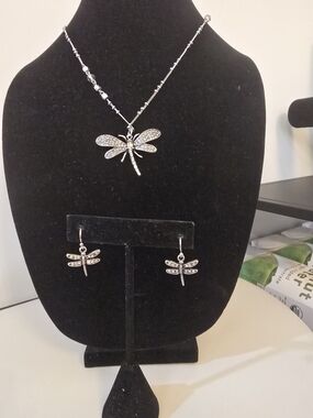 Silver Marcasite Dragonfly Pendant Necklace and Earrings Set